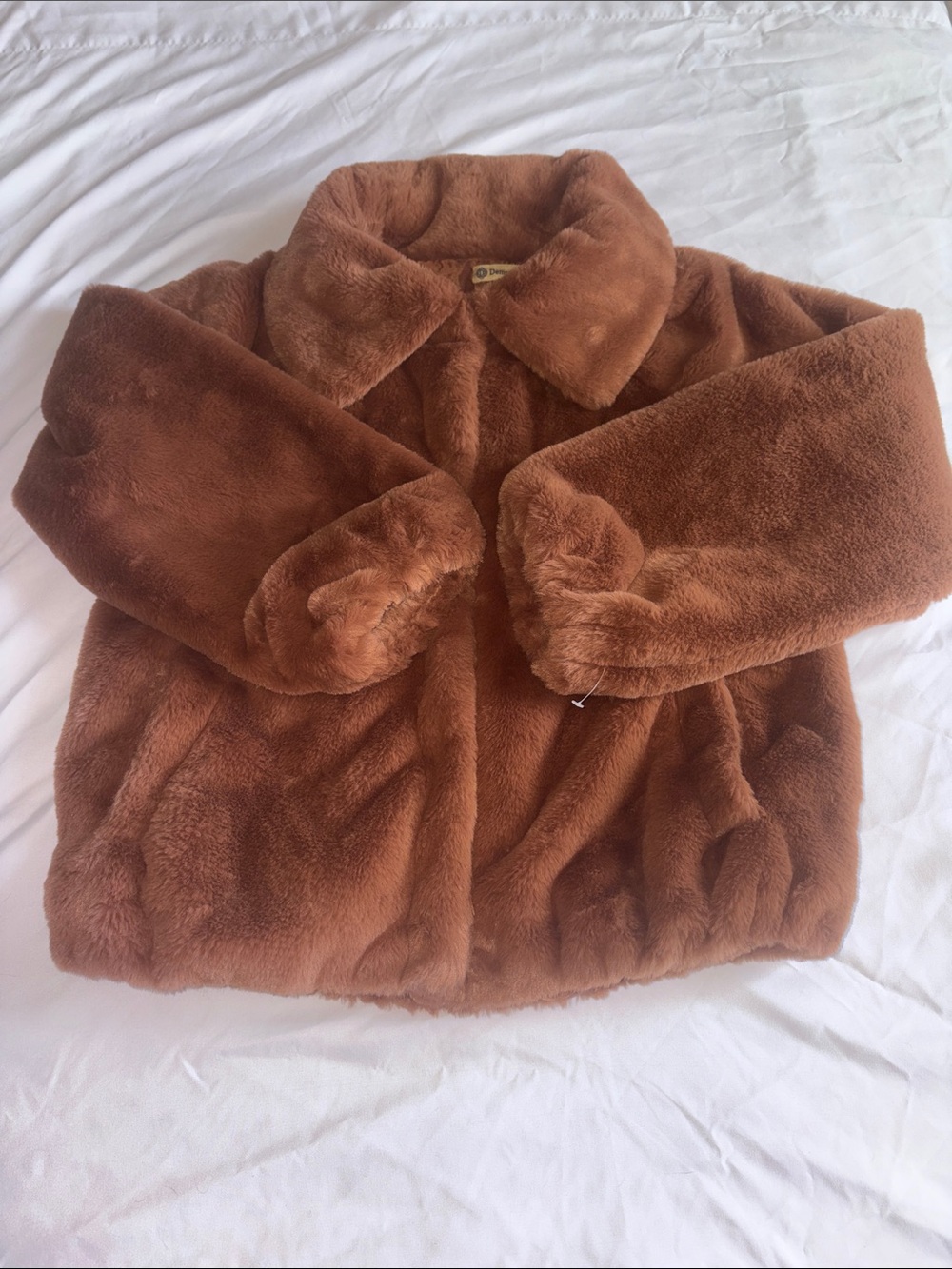 NWOT! Democracy Plush Faux Fur Coat Elastic Waist and Wrists in Warm Brown